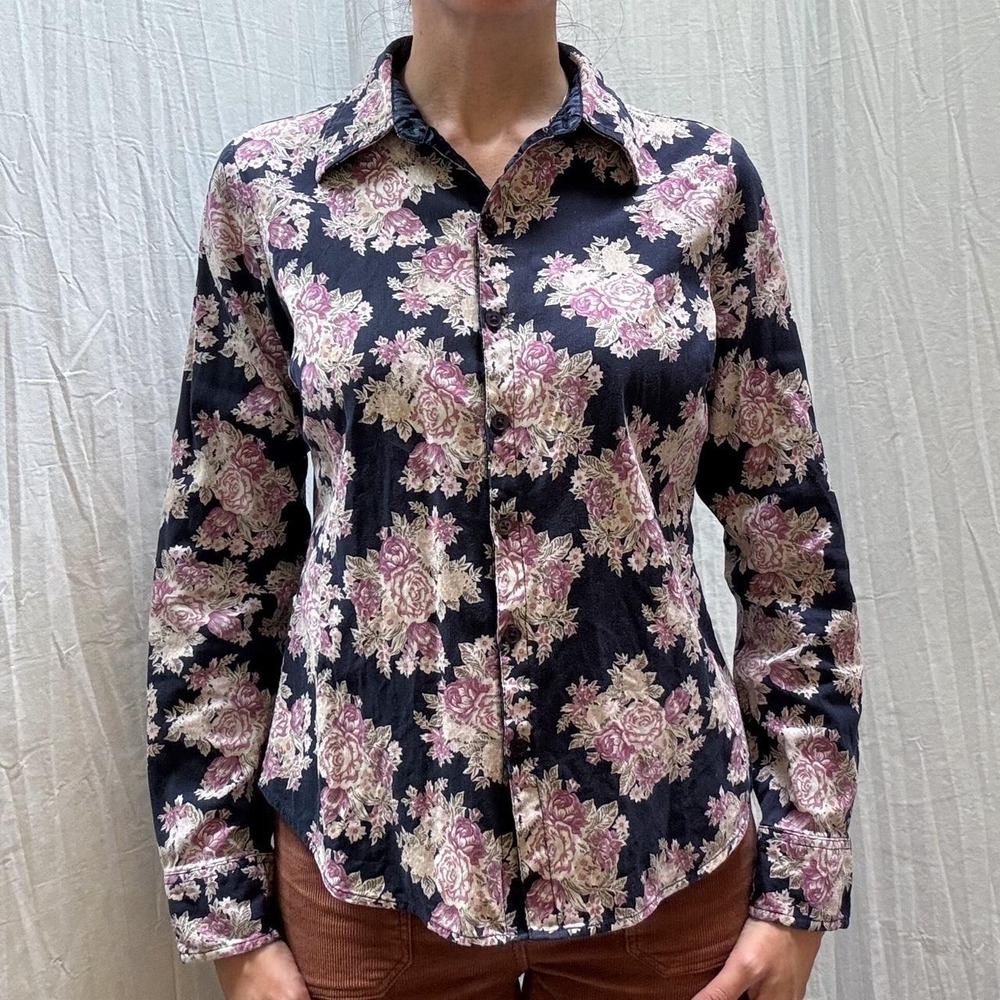Pink, Cream, Navy Floral Cotton Button Down Blouse Corduroy Small Y2K Dressbarn